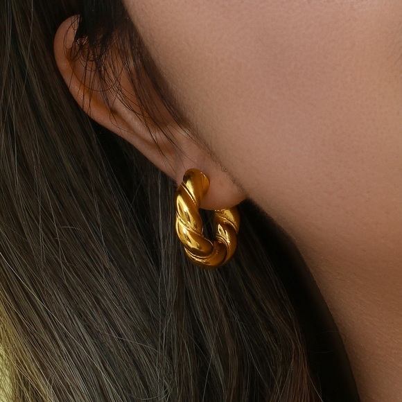Gold Twisted Hoop Earrings* Braid Twist Earrings*Chunky Round Hoops*Waterproof - Picture 7 of 9